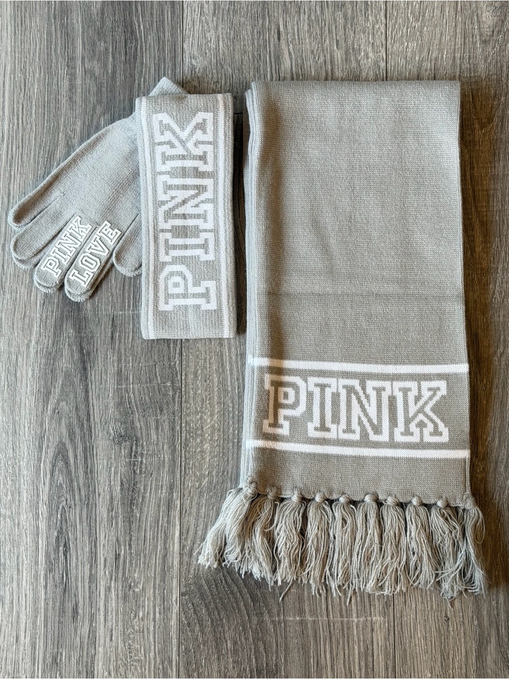PINK Victoria's Secret Grey Knit Scarf, Headband & Gloves Set